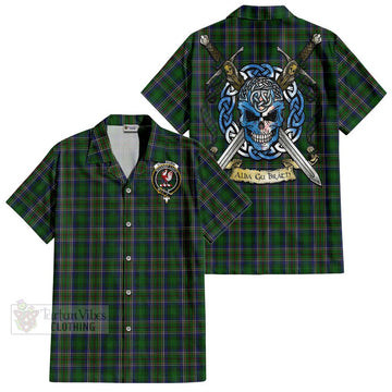 Cockburn Tartan Short Sleeve Button Shirt with Family Crest Celtic Skull Style