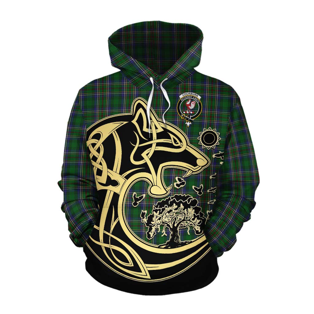 Tartan Vibes Clothing Cockburn Tartan Cotton Hoodie with Family Crest Celtic Wolf Style