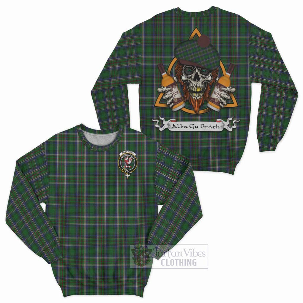 Tartan Vibes Clothing Cockburn Tartan Sweatshirt with Family Crest and Bearded Skull Holding Bottles of Whiskey