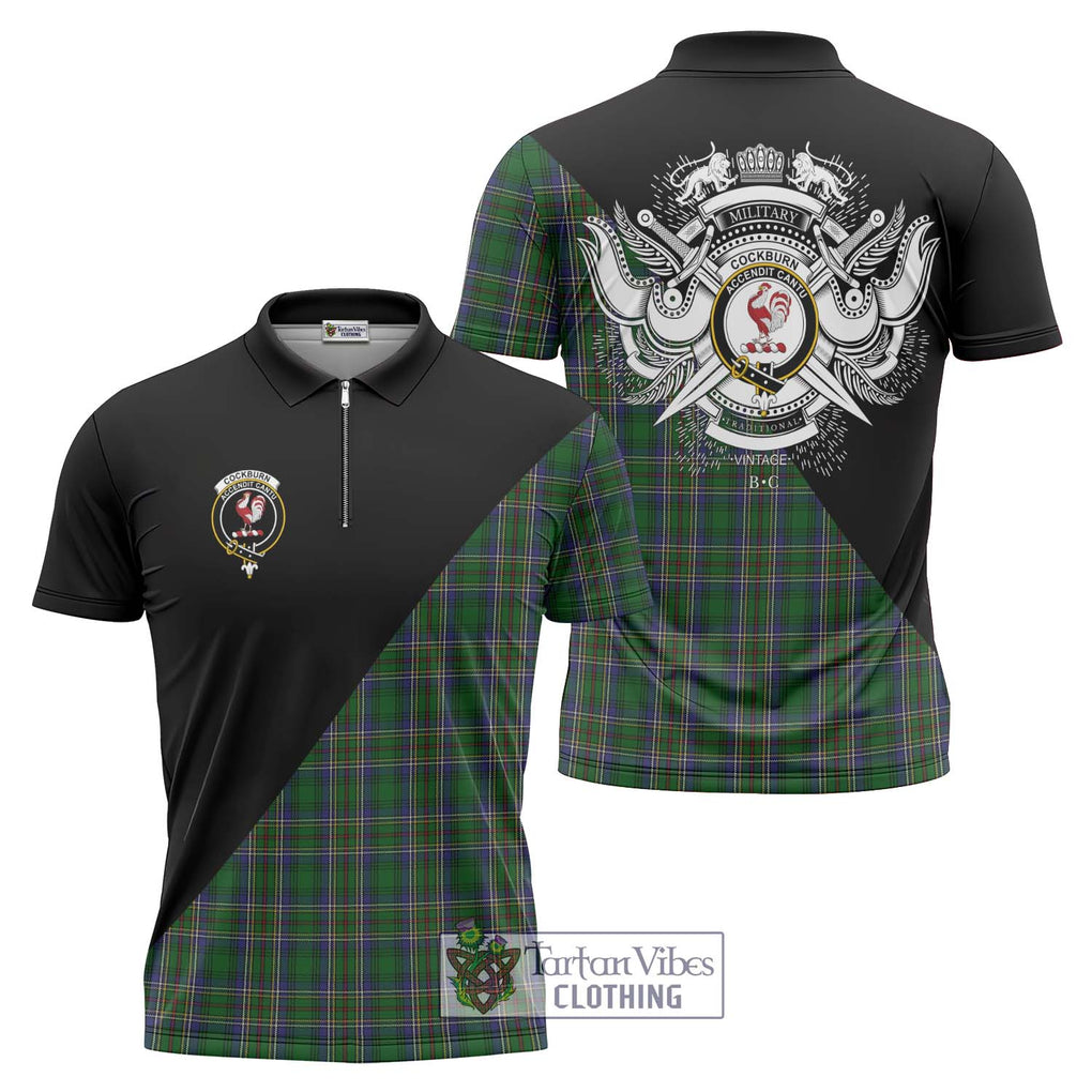 Cockburn Tartan Zipper Polo Shirt with Family Crest and Military Logo Style Unisex - Tartanvibesclothing Shop