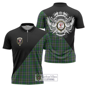 Cockburn Tartan Zipper Polo Shirt with Family Crest and Military Logo Style