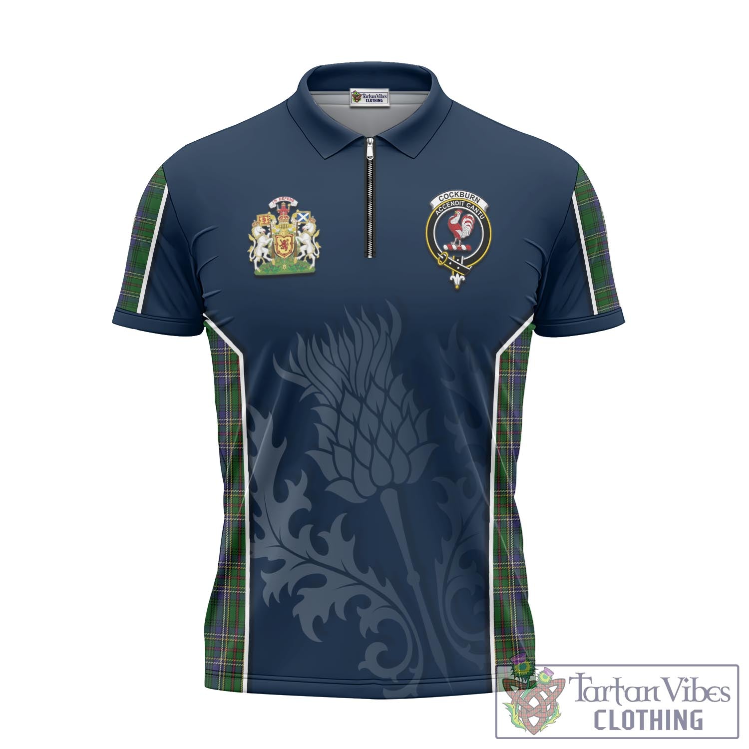 Tartan Vibes Clothing Cockburn Tartan Zipper Polo Shirt with Family Crest and Scottish Thistle Vibes Sport Style