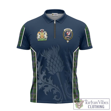 Cockburn Tartan Zipper Polo Shirt with Family Crest and Scottish Thistle Vibes Sport Style