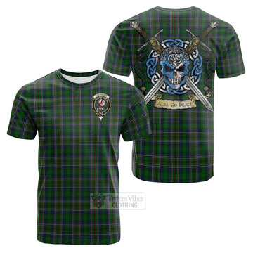 Cockburn Tartan Cotton T-shirt with Family Crest Celtic Skull Style