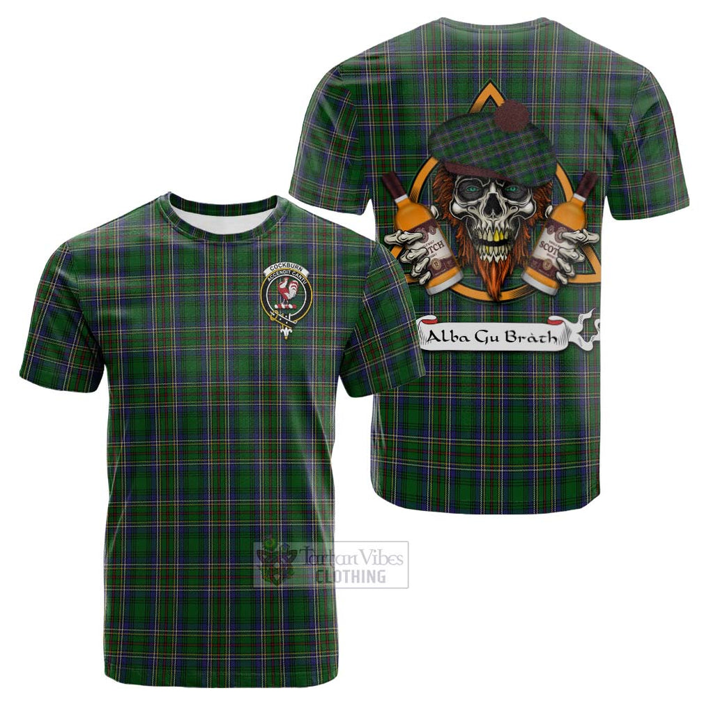 Tartan Vibes Clothing Cockburn Tartan Cotton T-shirt with Family Crest and Bearded Skull Holding Bottles of Whiskey