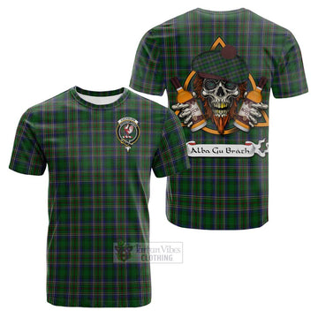 Cockburn Tartan Cotton T-shirt with Family Crest and Bearded Skull Holding Bottles of Whiskey