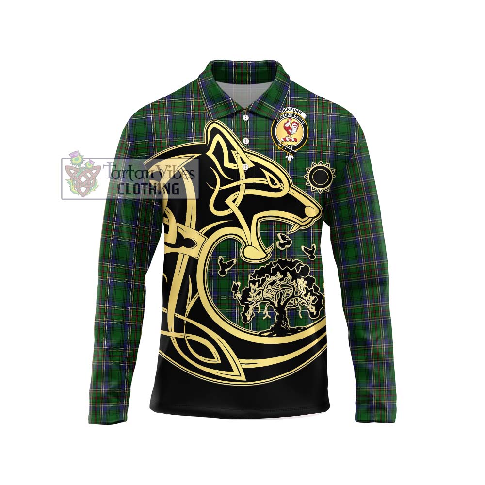 Cockburn Tartan Long Sleeve Polo Shirt with Family Crest Celtic Wolf Style Unisex - Tartanvibesclothing Shop