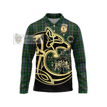 Cockburn Tartan Long Sleeve Polo Shirt with Family Crest Celtic Wolf Style