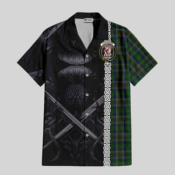 Cockburn Tartan Short Sleeve Button Shirt with Family Crest Cross Sword Thistle Celtic Vibes