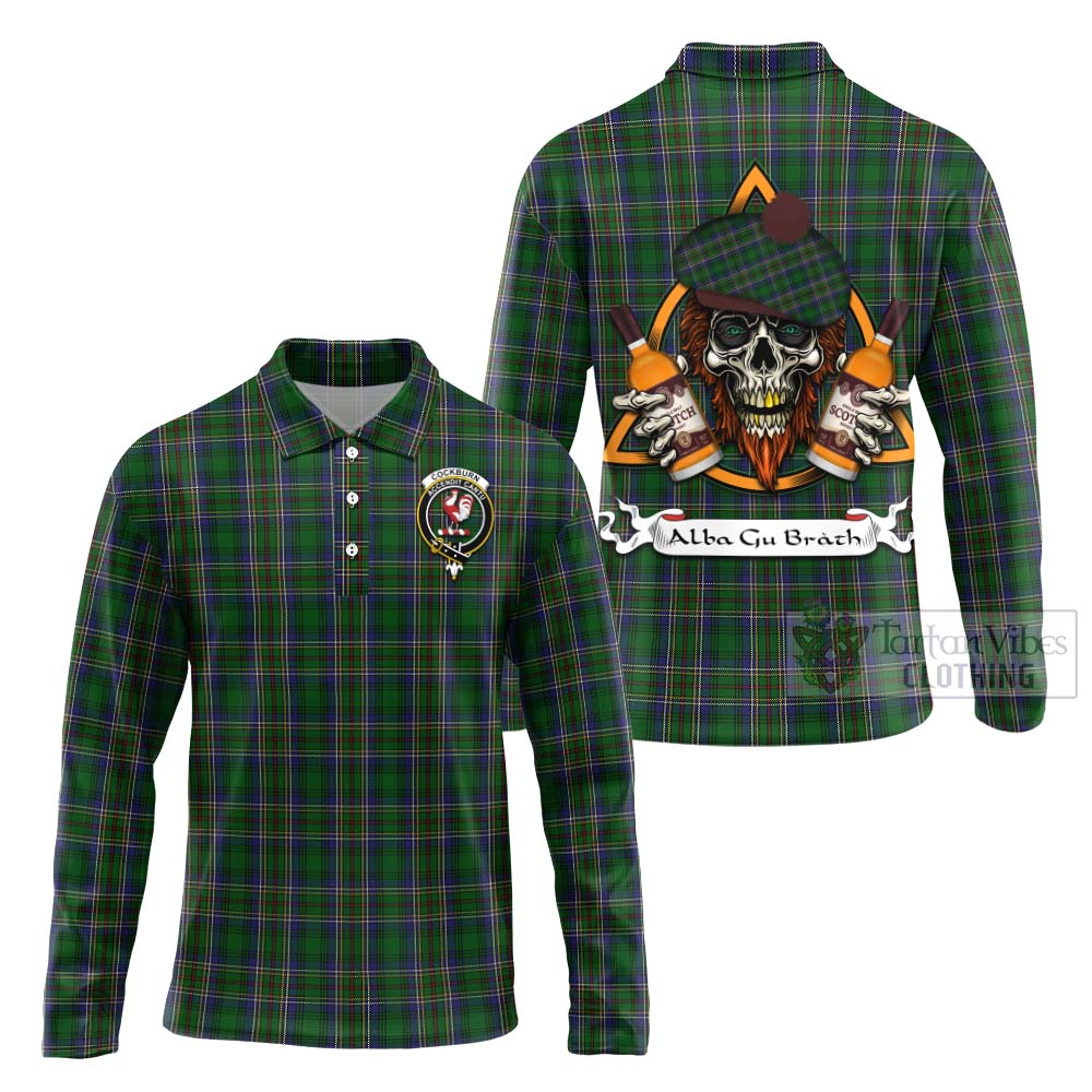 Tartan Vibes Clothing Cockburn Tartan Long Sleeve Polo Shirt with Family Crest and Bearded Skull Holding Bottles of Whiskey