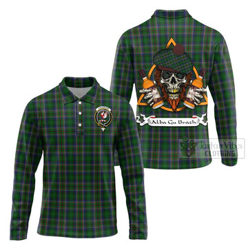 Cockburn Tartan Long Sleeve Polo Shirt with Family Crest and Bearded Skull Holding Bottles of Whiskey