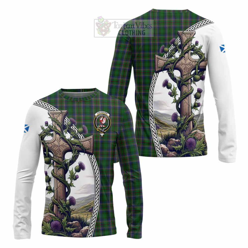 Tartan Vibes Clothing Cockburn Tartan Long Sleeve T-Shirt with Family Crest and St. Andrew's Cross Accented by Thistle Vines