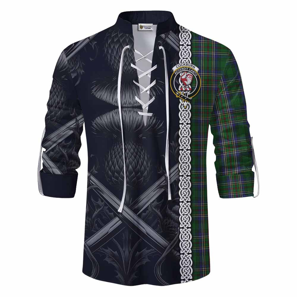 Tartan Vibes Clothing Cockburn Tartan Ghillie Kilt Shirt with Family Crest Cross Sword Thistle Celtic Vibes