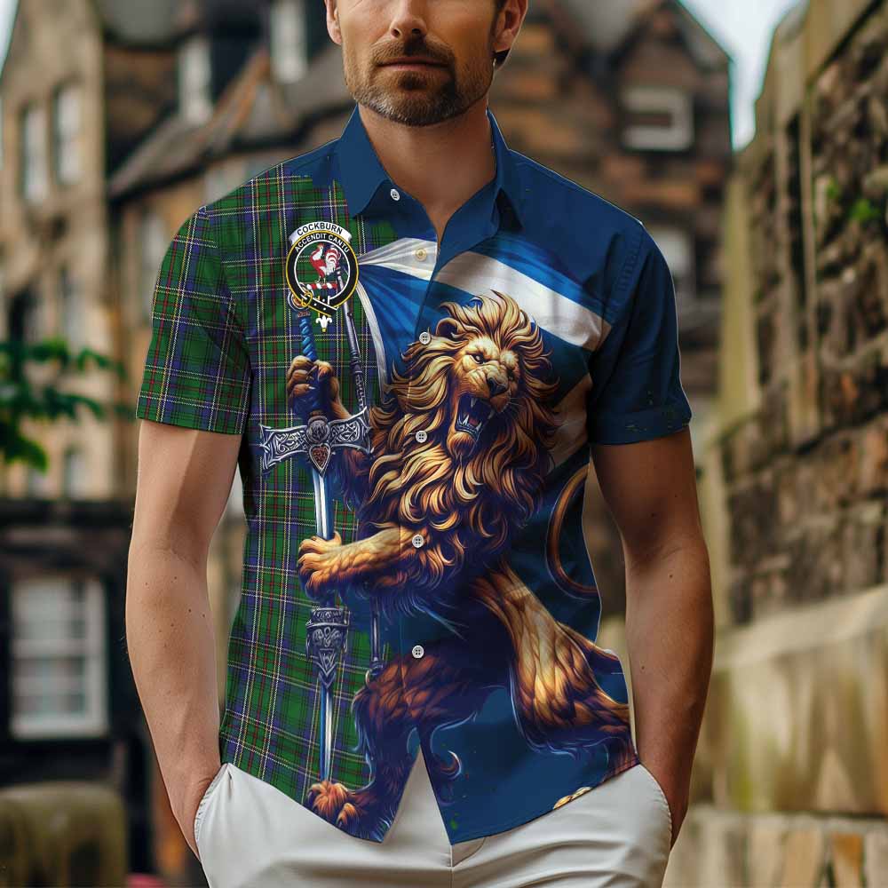 Tartan Vibes Clothing Cockburn Tartan Family Crest Short Sleeve Button Shirt with Scottish Majestic Lion