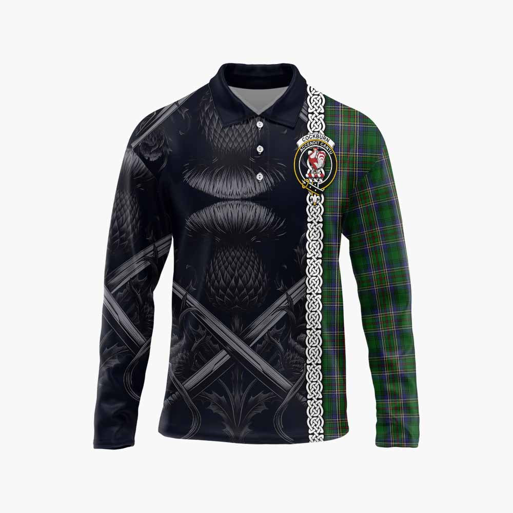 Tartan Vibes Clothing Cockburn Tartan Long Sleeve Polo Shirt with Family Crest Cross Sword Thistle Celtic Vibes