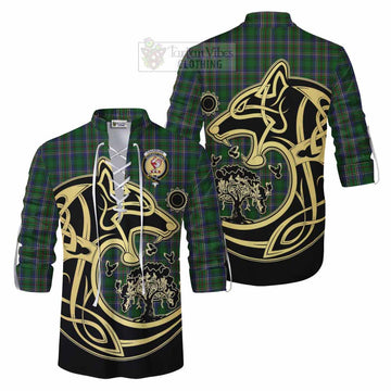 Cockburn Tartan Ghillie Kilt Shirt with Family Crest Celtic Wolf Style