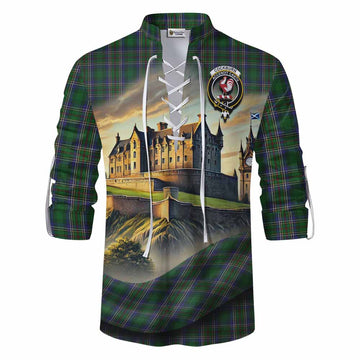 Cockburn Tartan Family Crest Ghillie Kilt Shirt with Scottish Ancient Castle Style Men - Tartan Vibes Clothing
