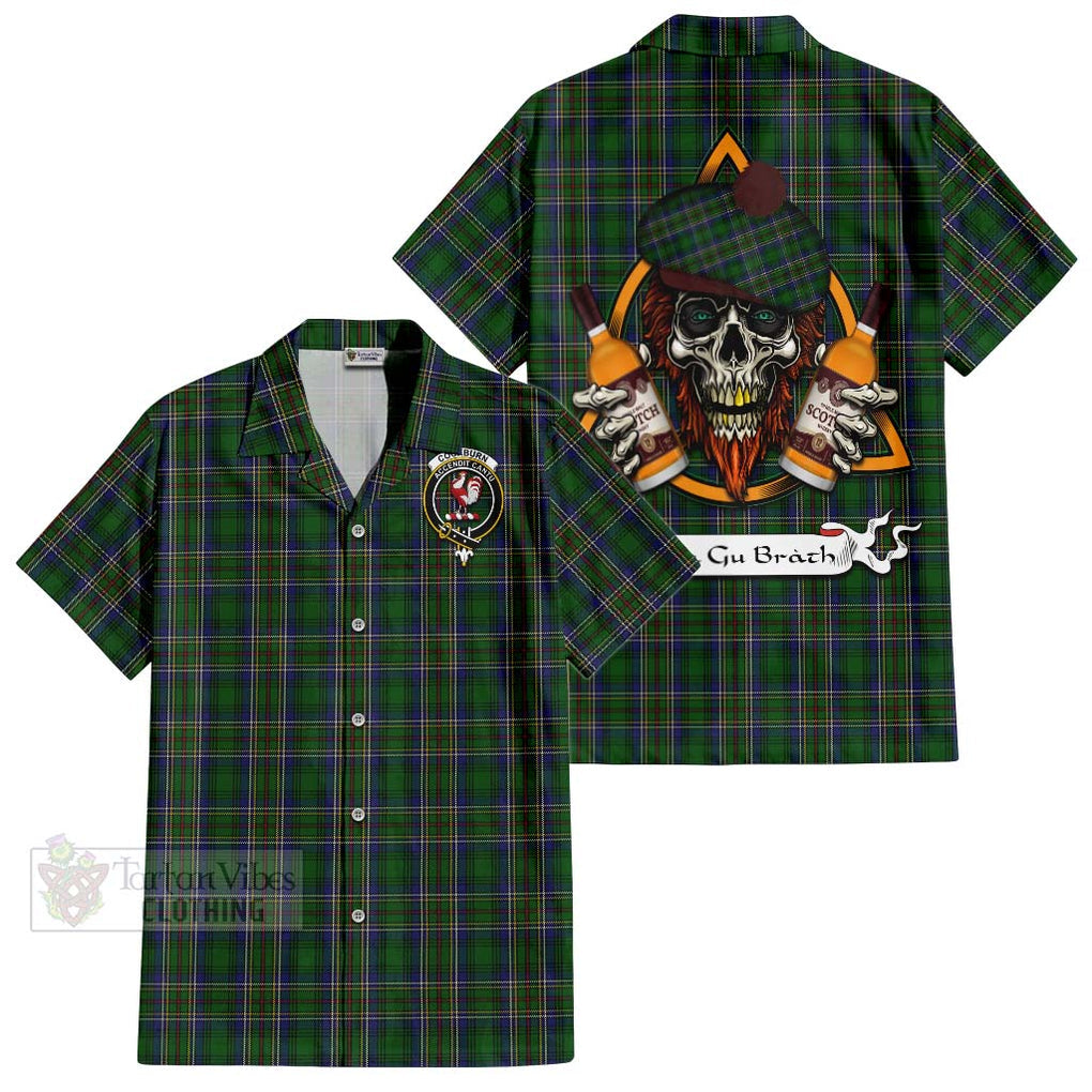 Tartan Vibes Clothing Cockburn Tartan Short Sleeve Button Shirt with Family Crest and Bearded Skull Holding Bottles of Whiskey