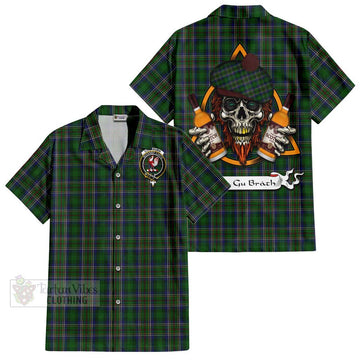 Cockburn Tartan Short Sleeve Button Shirt with Family Crest and Bearded Skull Holding Bottles of Whiskey