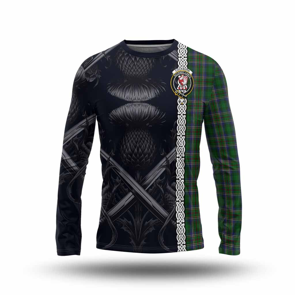 Tartan Vibes Clothing Cockburn Tartan Long Sleeve T-Shirt with Family Crest Cross Sword Thistle Celtic Vibes