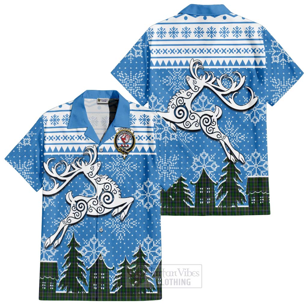 Tartan Vibes Clothing Cockburn Clan Christmas Short Sleeve Button Shirt Celtic Reindeer Style