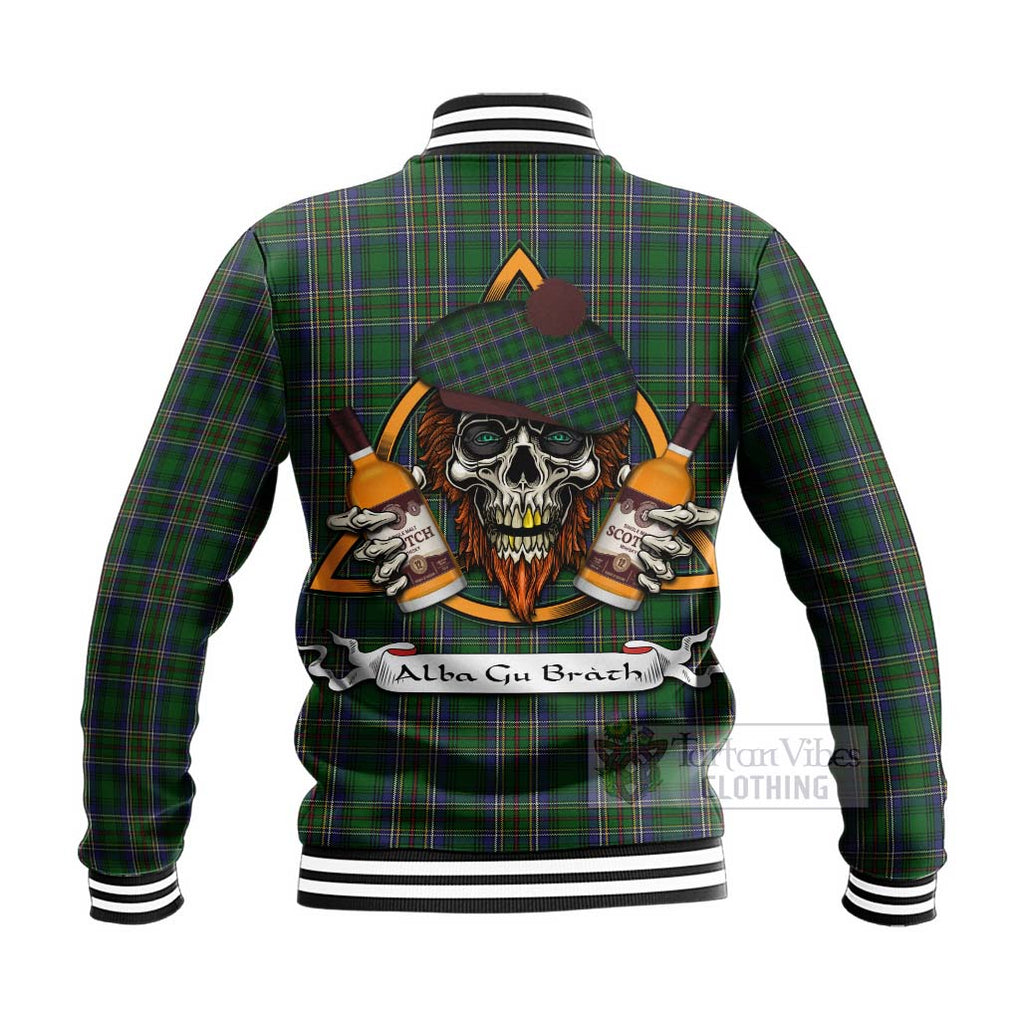 Tartan Vibes Clothing Cockburn Tartan Baseball Jacket with Family Crest and Bearded Skull Holding Bottles of Whiskey