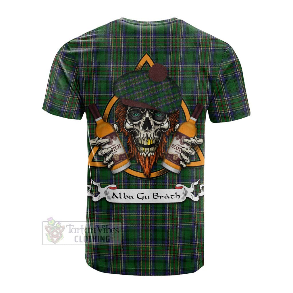 Tartan Vibes Clothing Cockburn Tartan Cotton T-shirt with Family Crest and Bearded Skull Holding Bottles of Whiskey