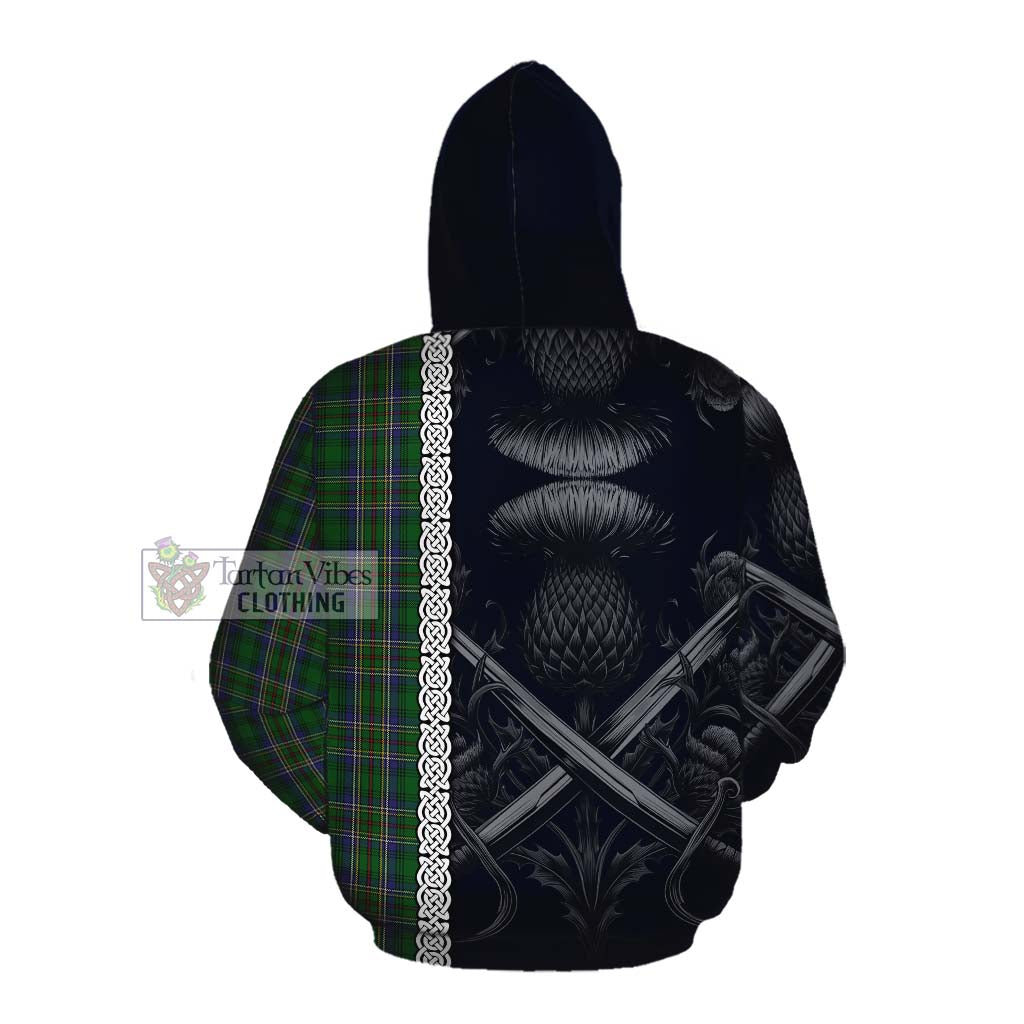 Tartan Vibes Clothing Cockburn Tartan Cotton Hoodie with Family Crest Cross Sword Thistle Celtic Vibes