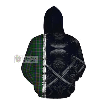 Cockburn Tartan Cotton Hoodie with Family Crest Cross Sword Thistle Celtic Vibes