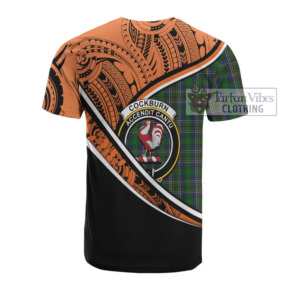 Tartan Vibes Clothing Cockburn Crest Tartan Cotton T-shirt with Maori Tattoo Style - Orange Version