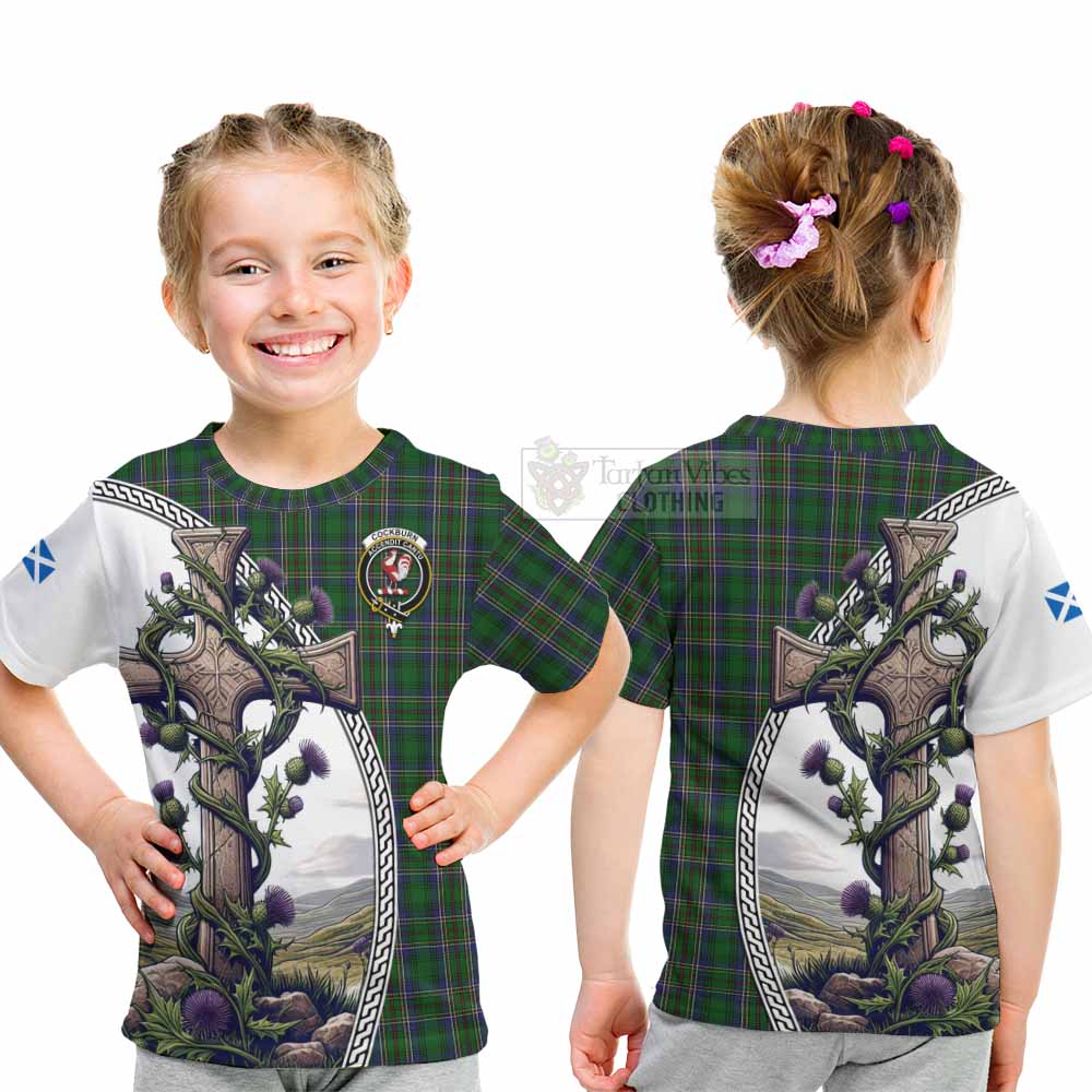 Tartan Vibes Clothing Cockburn Tartan Kid T-Shirt with Family Crest and St. Andrew's Cross Accented by Thistle Vines