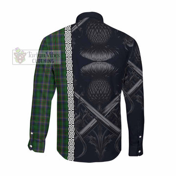 Cockburn Tartan Long Sleeve Button Shirt with Family Crest Cross Sword Thistle Celtic Vibes