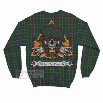 Cockburn Tartan Sweatshirt with Family Crest and Bearded Skull Holding Bottles of Whiskey