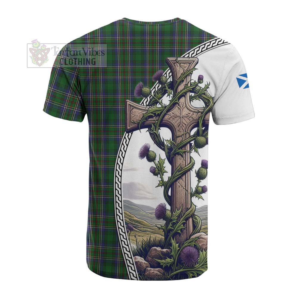 Tartan Vibes Clothing Cockburn Tartan Cotton T-shirt with Family Crest and St. Andrew's Cross Accented by Thistle Vines