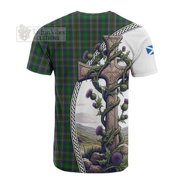 Cockburn Tartan Cotton T-shirt with Family Crest and St. Andrew's Cross Accented by Thistle Vines