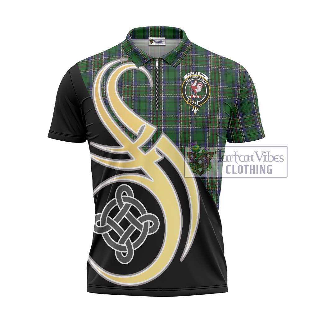 Tartan Vibes Clothing Cockburn Tartan Zipper Polo Shirt with Family Crest and Celtic Symbol Style