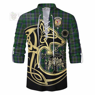 Cockburn Tartan Ghillie Kilt Shirt with Family Crest Celtic Wolf Style