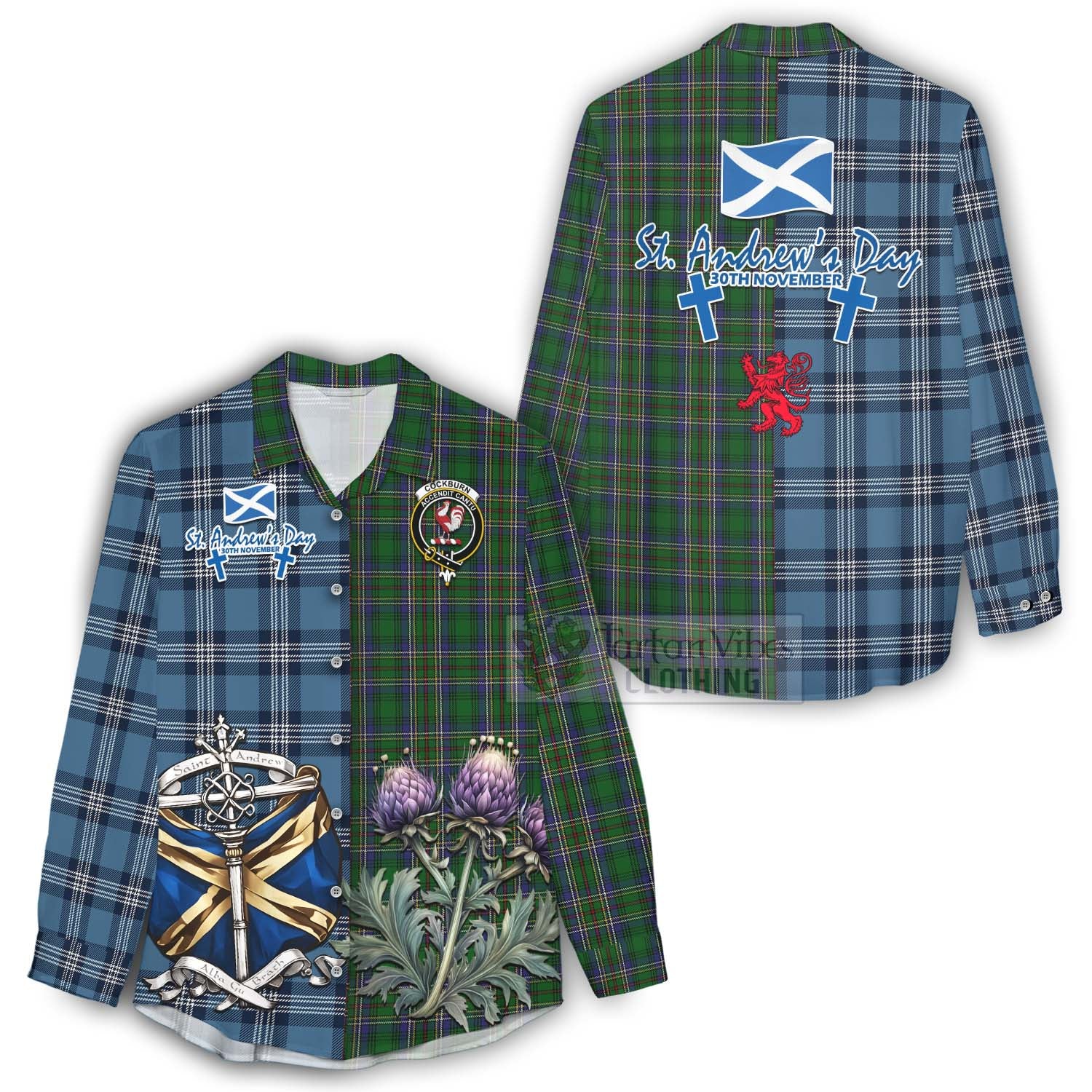 Tartan Vibes Clothing Cockburn Tartan Women's Casual Shirt Happy St. Andrew's Day Half Tartan Style