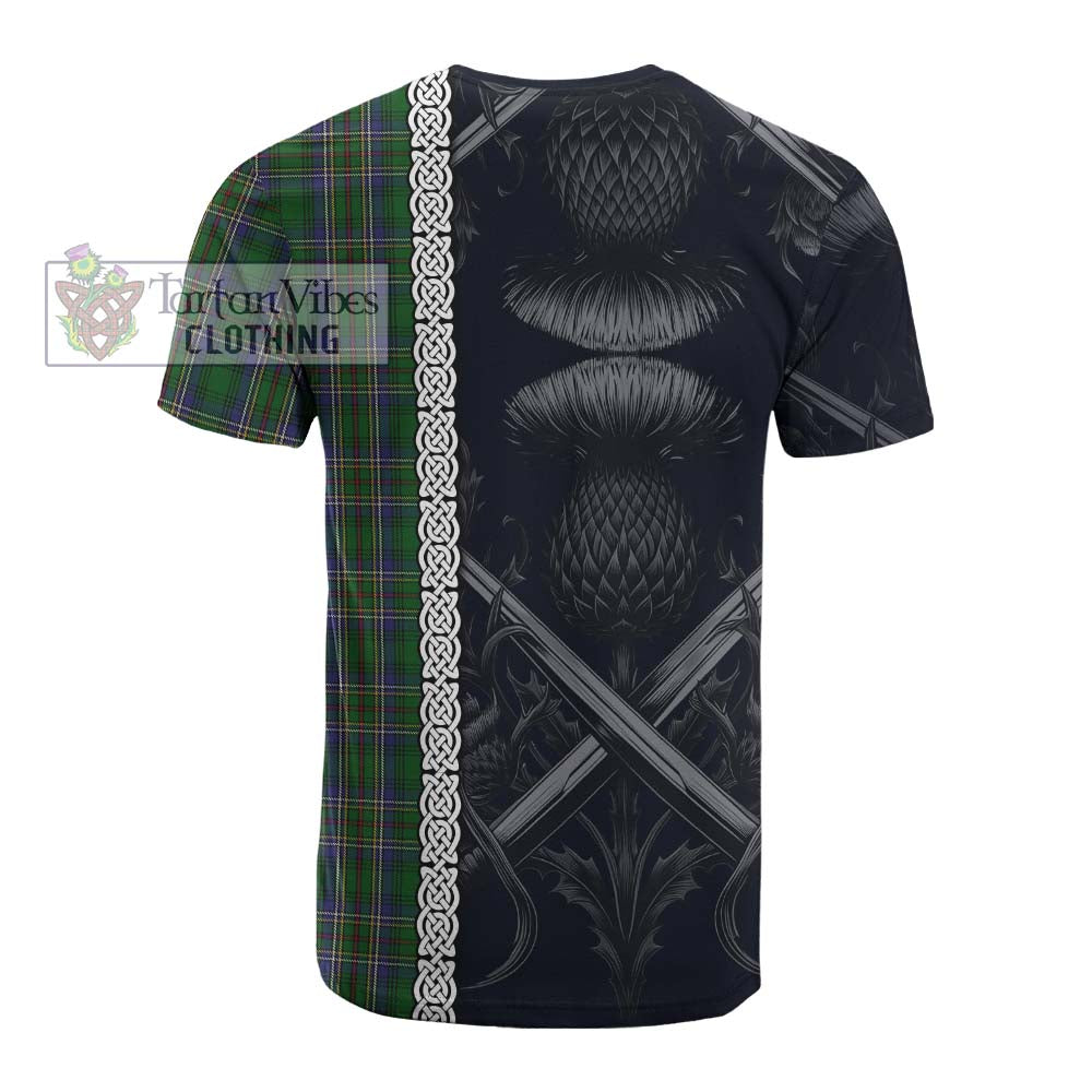 Tartan Vibes Clothing Cockburn Tartan Cotton T-shirt with Family Crest Cross Sword Thistle Celtic Vibes