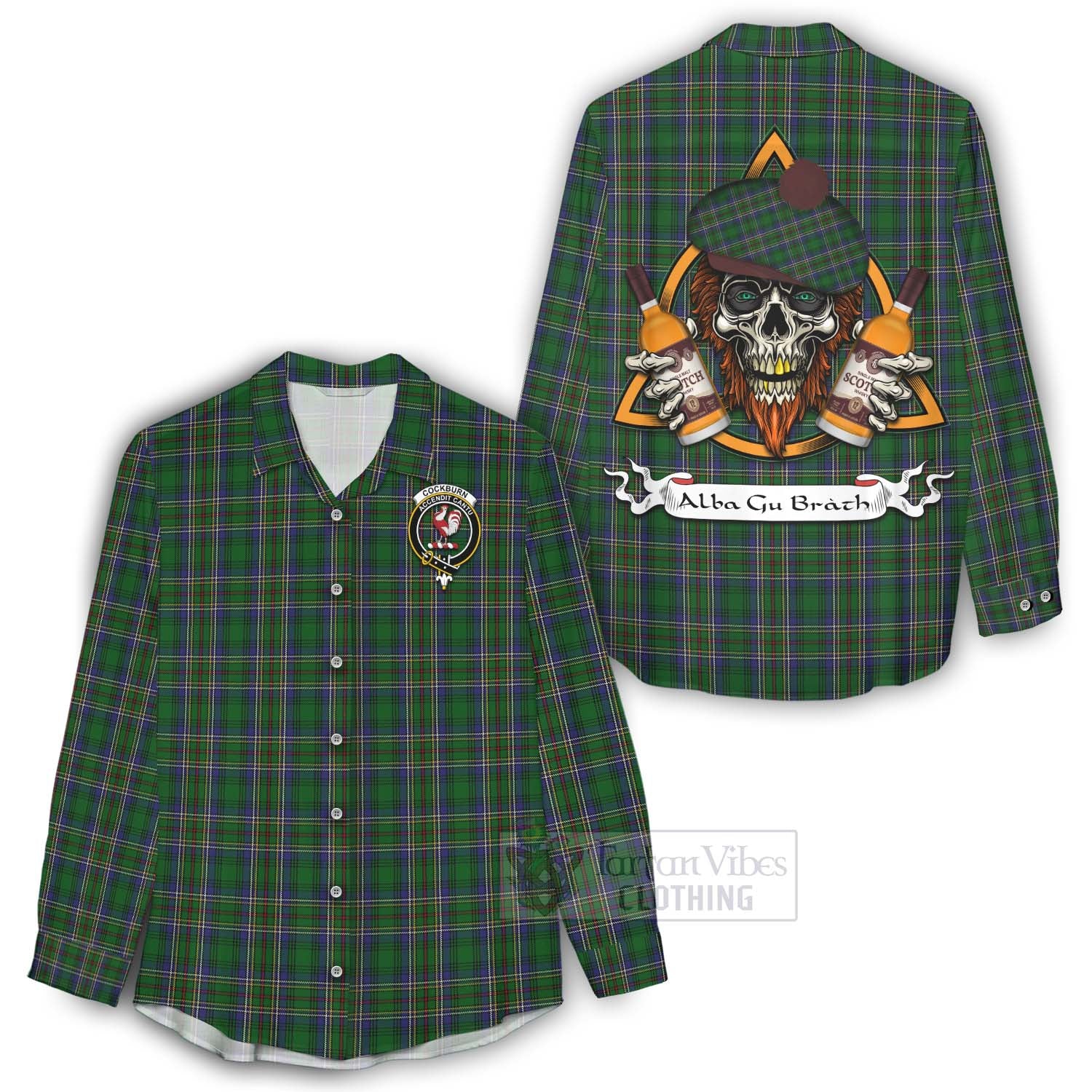 Tartan Vibes Clothing Cockburn Tartan Women's Casual Shirt with Family Crest and Bearded Skull Holding Bottles of Whiskey