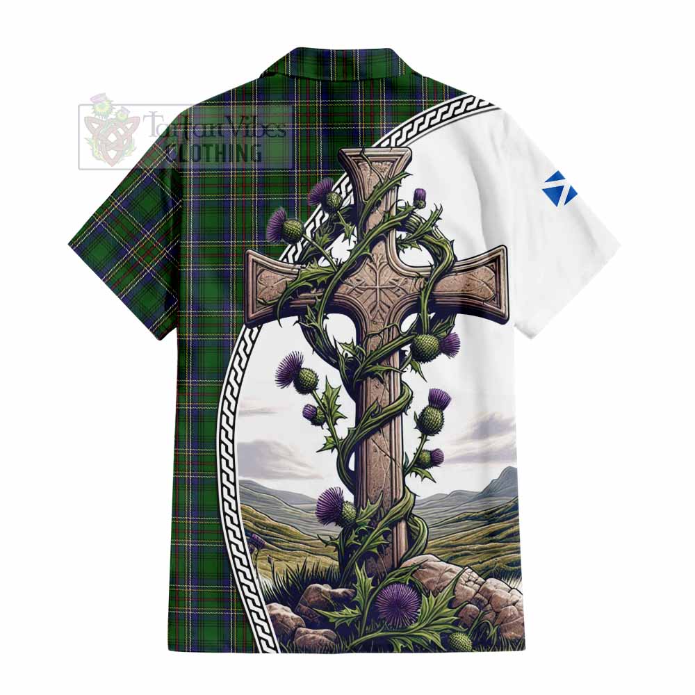 Tartan Vibes Clothing Cockburn Tartan Short Sleeve Button Shirt with Family Crest and St. Andrew's Cross Accented by Thistle Vines