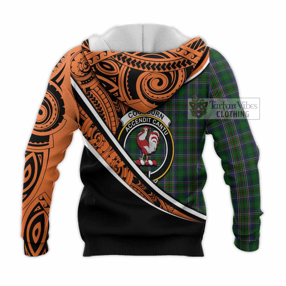 Tartan Vibes Clothing Cockburn Crest Tartan Knitted Hoodie with Maori Tattoo Style - Orange Version