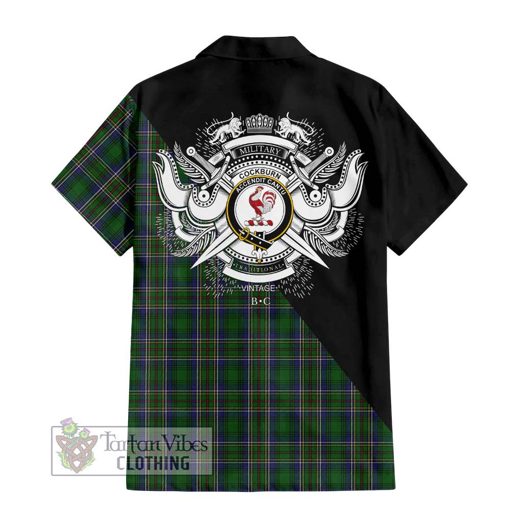 Cockburn Tartan Short Sleeve Button Shirt with Family Crest and Military Logo Style - Tartanvibesclothing Shop