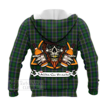 Cockburn Tartan Knitted Hoodie with Family Crest and Bearded Skull Holding Bottles of Whiskey