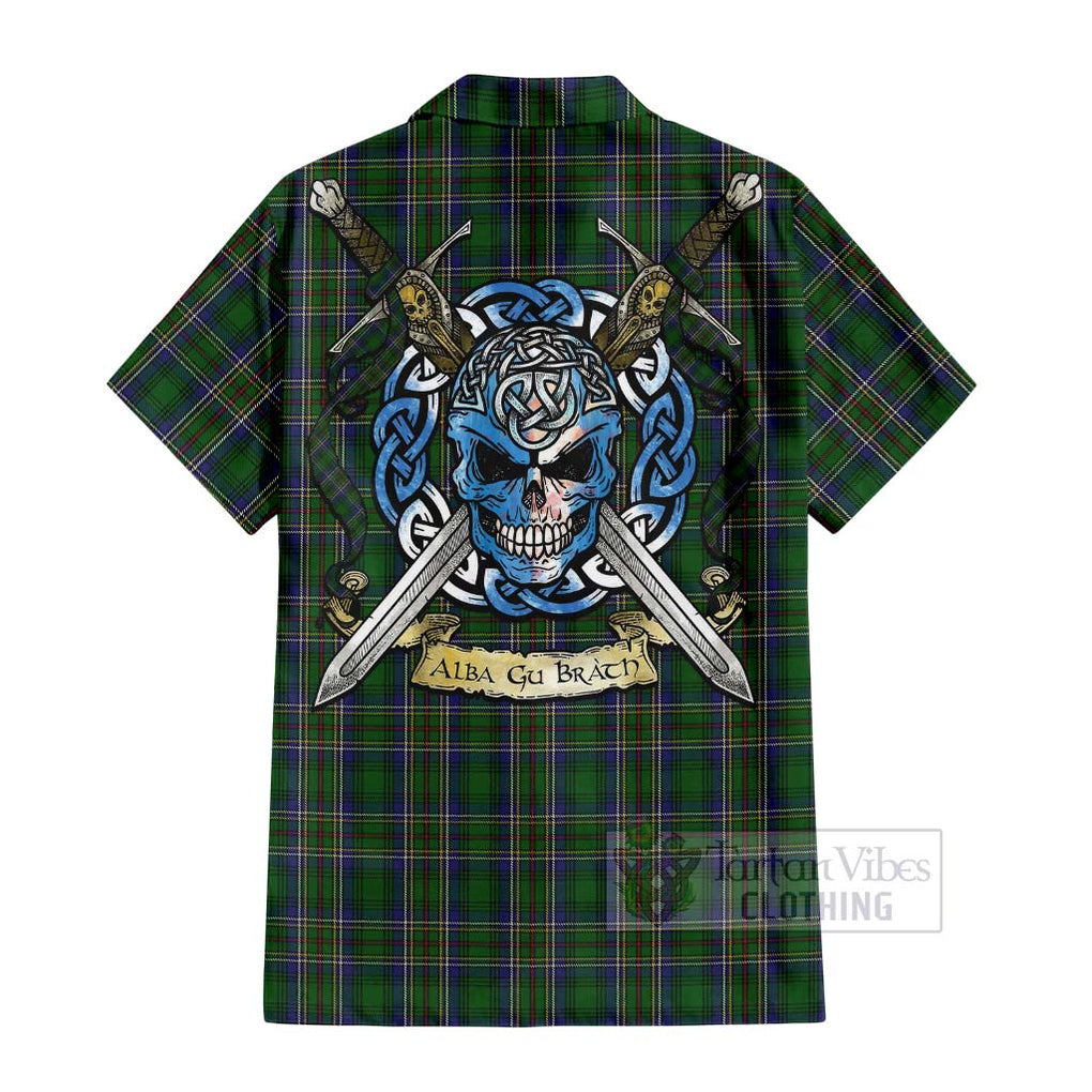 Tartan Vibes Clothing Cockburn Tartan Short Sleeve Button Shirt with Family Crest Celtic Skull Style