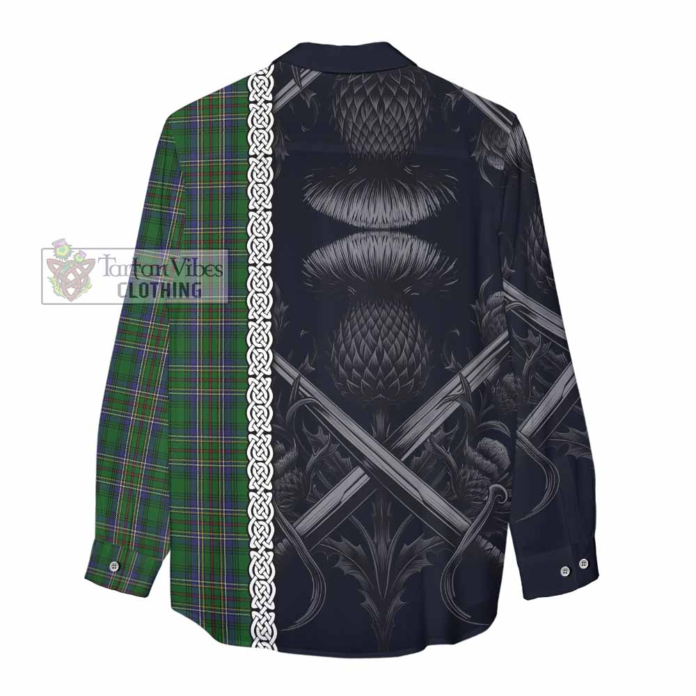 Tartan Vibes Clothing Cockburn Tartan Women's Casual Shirt with Family Crest Cross Sword Thistle Celtic Vibes