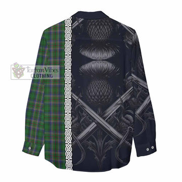 Cockburn Tartan Women's Casual Shirt with Family Crest Cross Sword Thistle Celtic Vibes