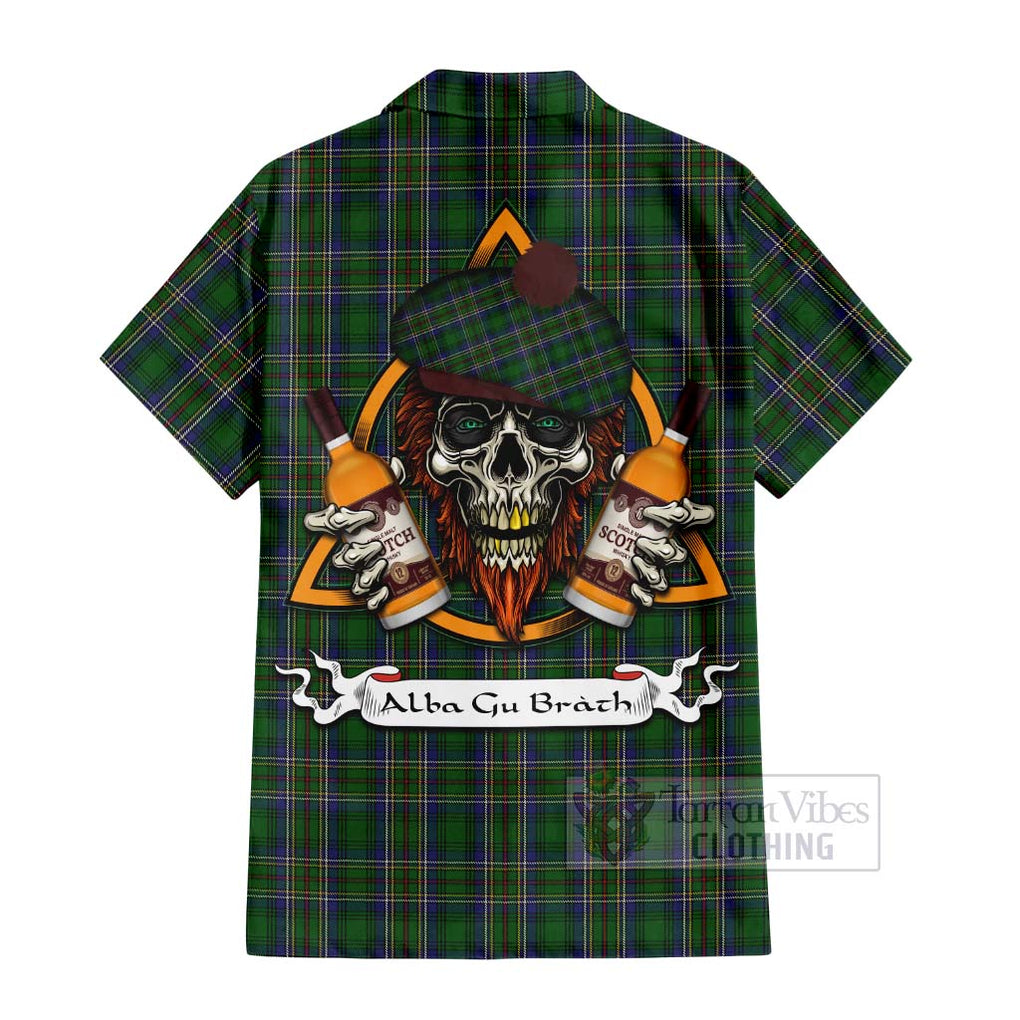 Tartan Vibes Clothing Cockburn Tartan Short Sleeve Button Shirt with Family Crest and Bearded Skull Holding Bottles of Whiskey