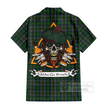 Cockburn Tartan Short Sleeve Button Shirt with Family Crest and Bearded Skull Holding Bottles of Whiskey