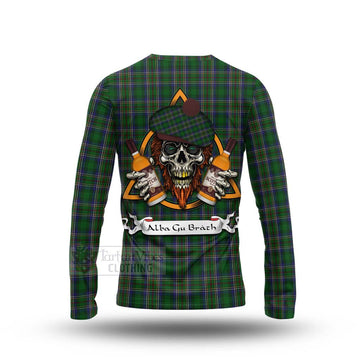 Cockburn Tartan Long Sleeve T-Shirt with Family Crest and Bearded Skull Holding Bottles of Whiskey